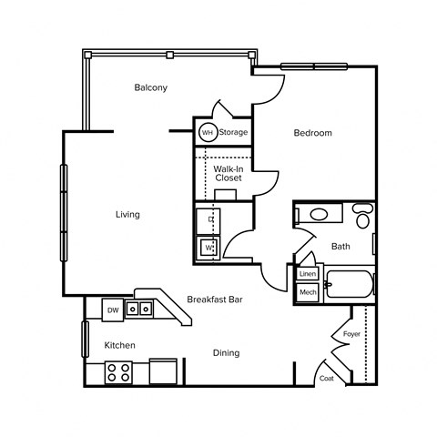 Floor plan for 1 bed, 1 bath, 792 sqft